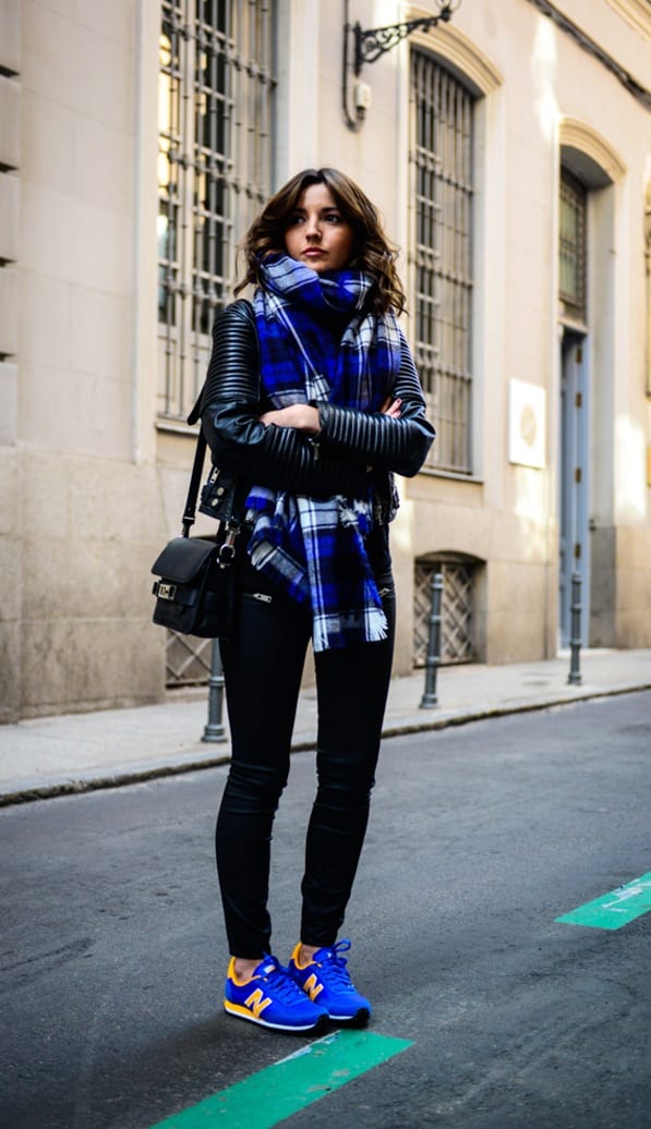Cobalt-Blue-Sneakers-Black-Leggings-Black-Jacket-Scarf-Outfit - Women's Fashion Blog