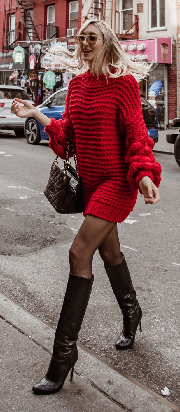 red sweater dress with black boots Weslie Long Sleeve Knit Mini Dress Red main image 1