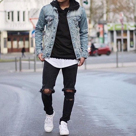 jean jacket over sweatshirt