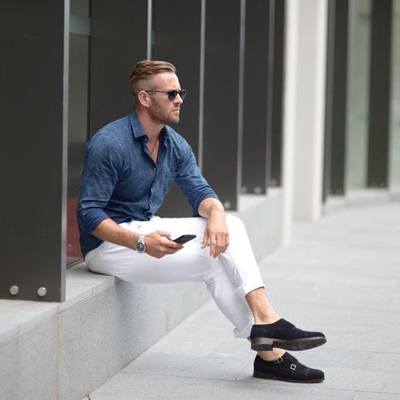 White pants denim sales shirt