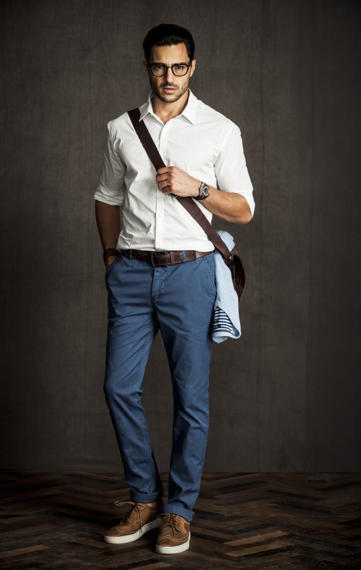 White Shirt with Dark Blue Chinos