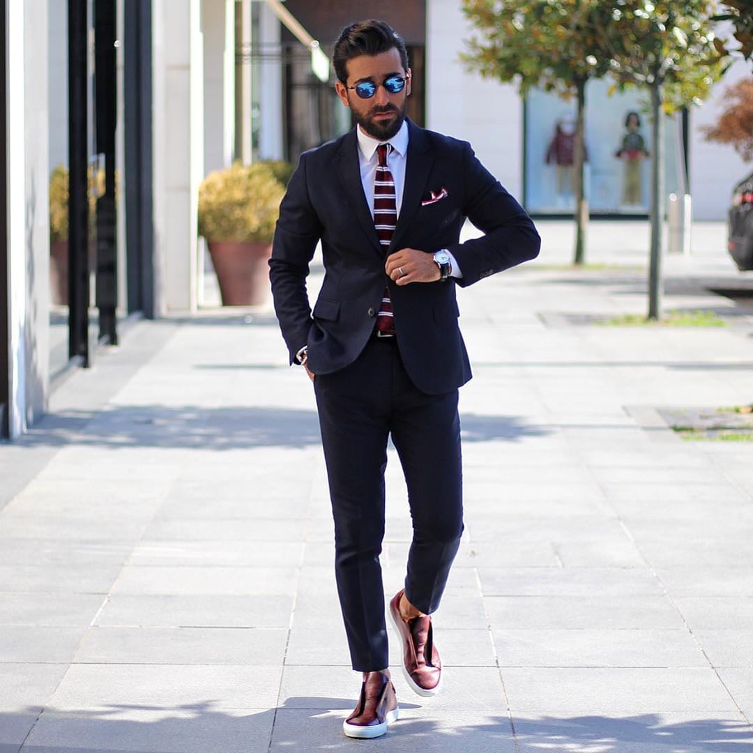 navy suit with sneakers