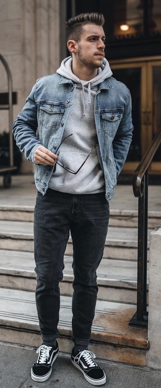 black hoodie grey jeans