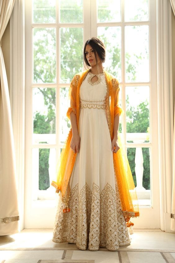 anarkali dress design ideas white and yellow floor length anarkali dress