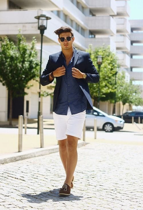 white shorts with blue blazer look