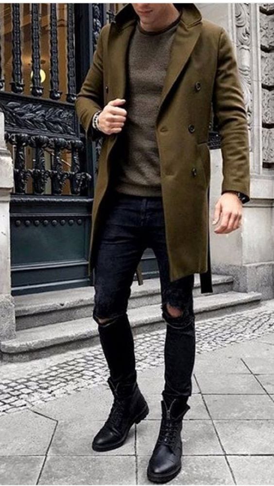 winter outfit ideas men - boots, overcoat denim