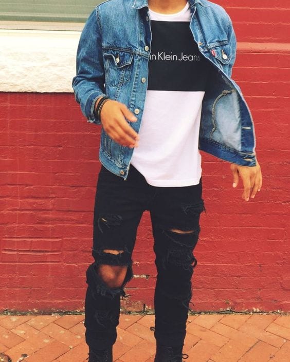 black ripped jeans out with denim jacket