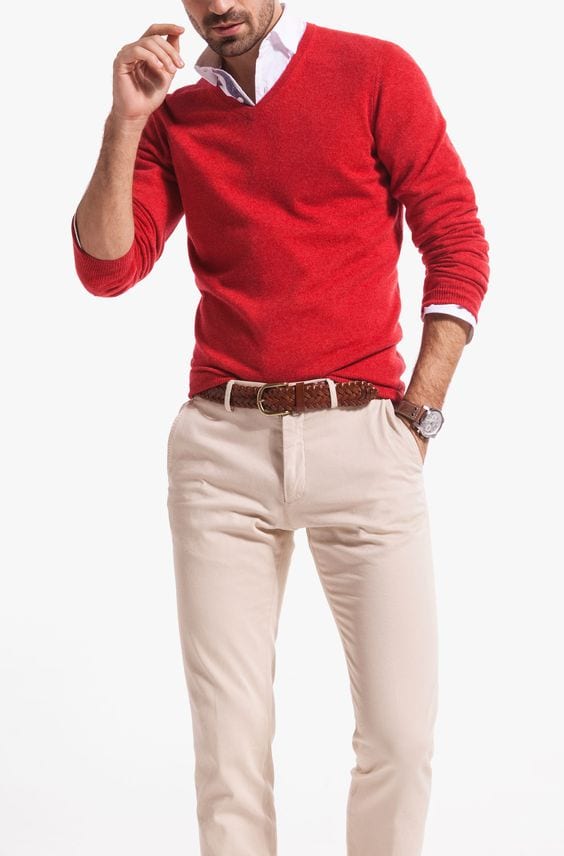 red v neck sweater with chinos