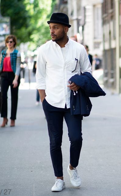 Black Jacket & Pants x White Shirt & Sneakers | SOLETOPIA