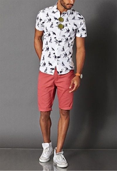 printed shirt with salmon shorts