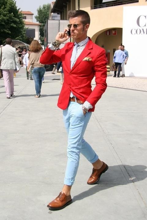 Red Jacket With Oxfords And Round, Red Coat And Blue Pants