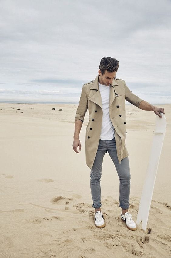trench coat outfit on a beach