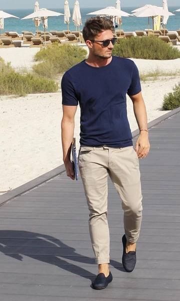 blue t shirt with chinos