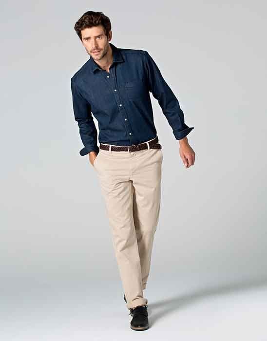 blue shirt with tan chino