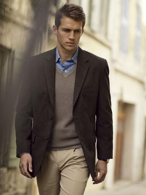 brown sweater vest look for men