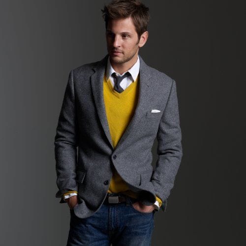 yellow sweater vest with grey blazer