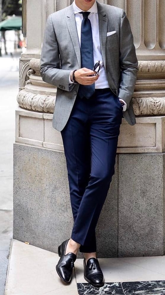Charcoal pants blue blazer deals