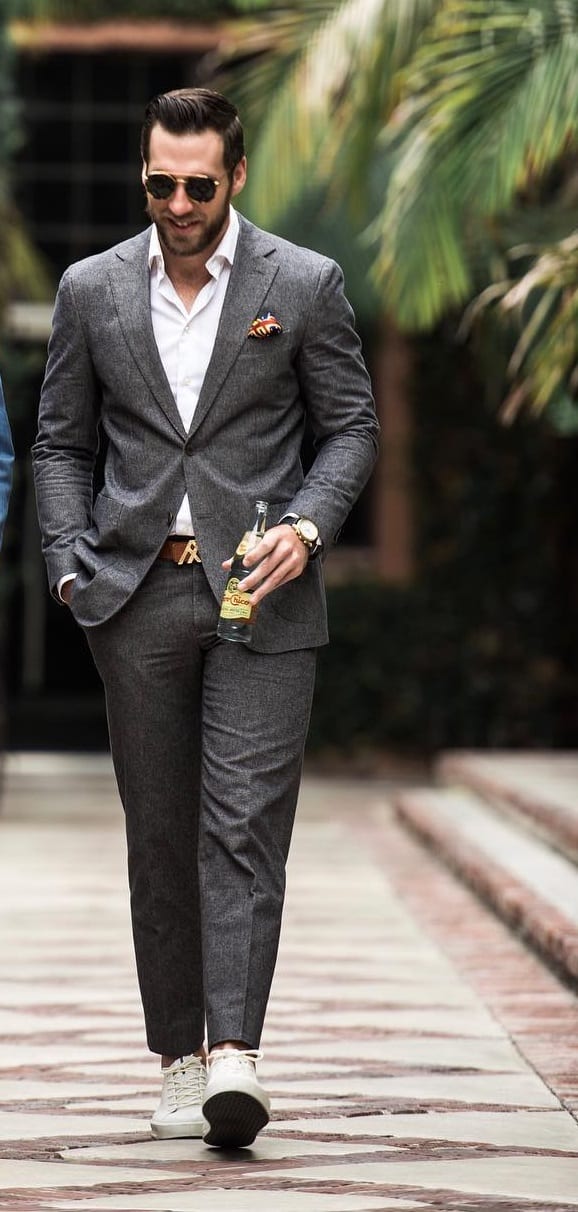 grey Suit with White T-shirt & White Sneakers ⋆ Best Fashion Blog For Men -  TheUnstitchd.com