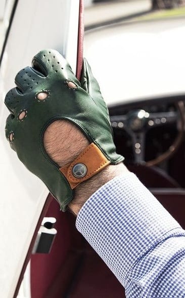 green leather driving gloves