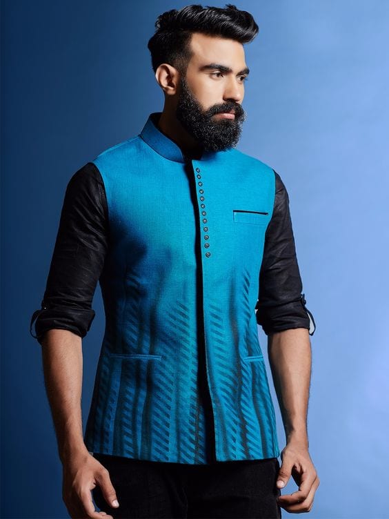 black kurta with blue nehru jacket