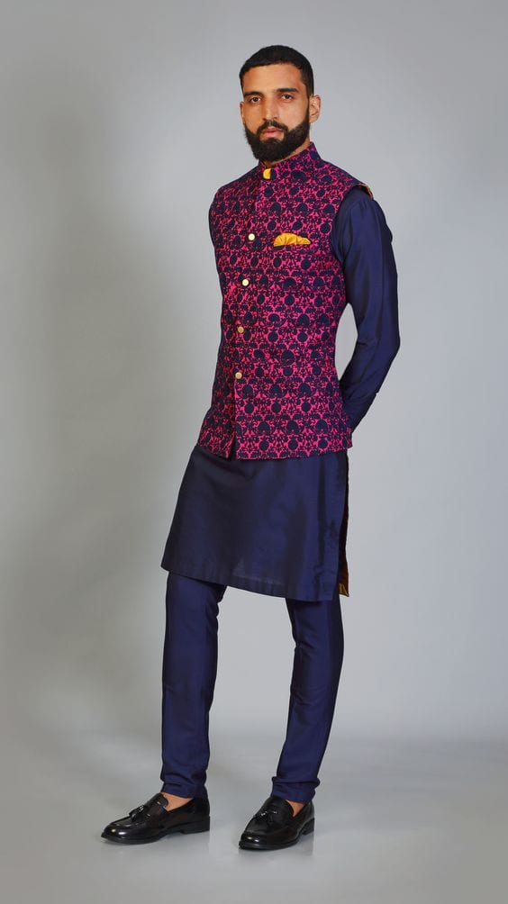 navy blue kurta with maroon nehru jacket