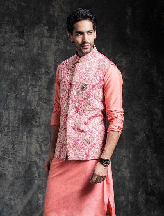 peach with pink print nehru jacket