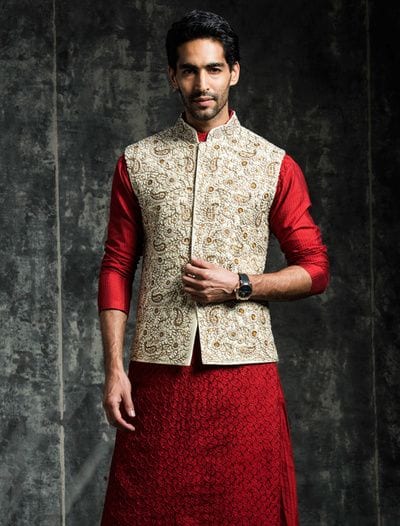 red kurta with nehru jacket