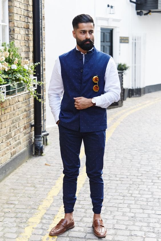 white shirt with navy blue nehru jacket