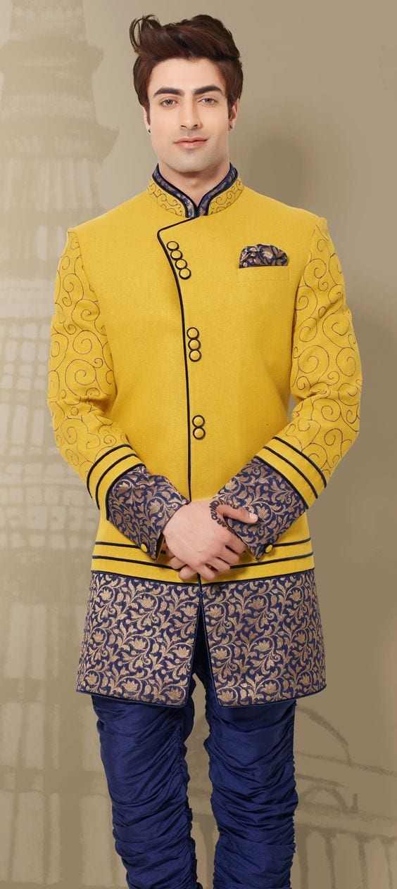 yelow and blue sherwani