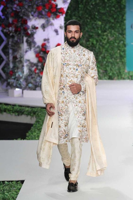 floral embroidery sherwani with beige printed pajama