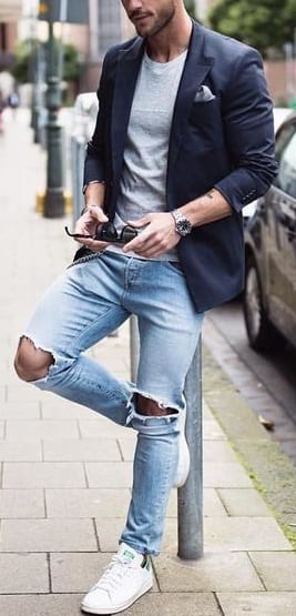 Blue Ripped Denim with suit jacket