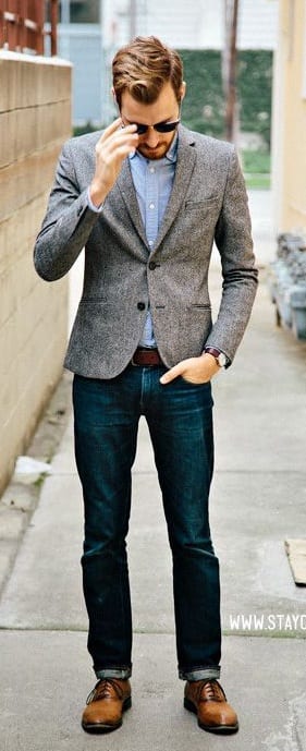 Grey blazer with dark jeans