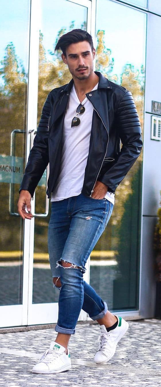 Solid Colour T-shirt + Ripped Jeans + Jacket + Sneakers-Minimalist Wardrobe