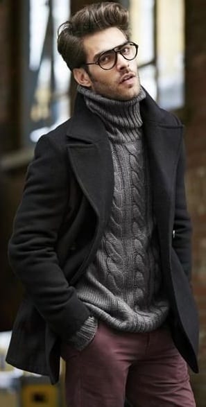 black pea coat with turtle neck sweater