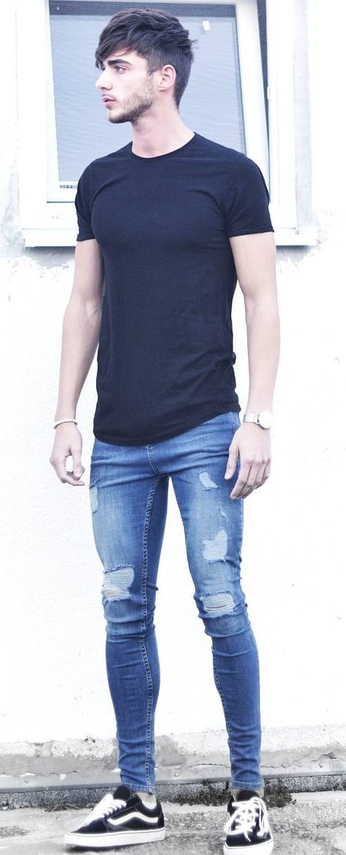 blue ripped denim with black t-shirt