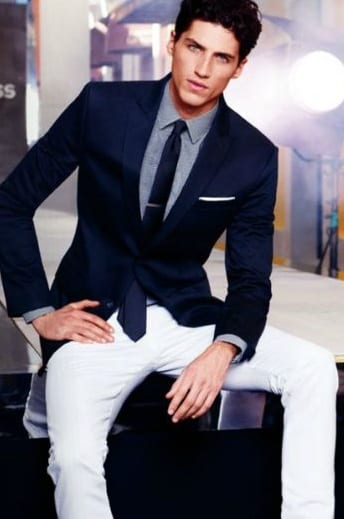 blue suit jacket with white pants