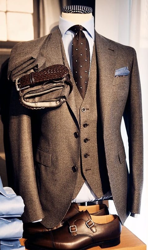 brown suit and accessories