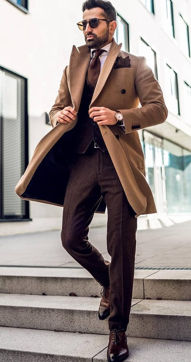 brown suit with brown trench coat