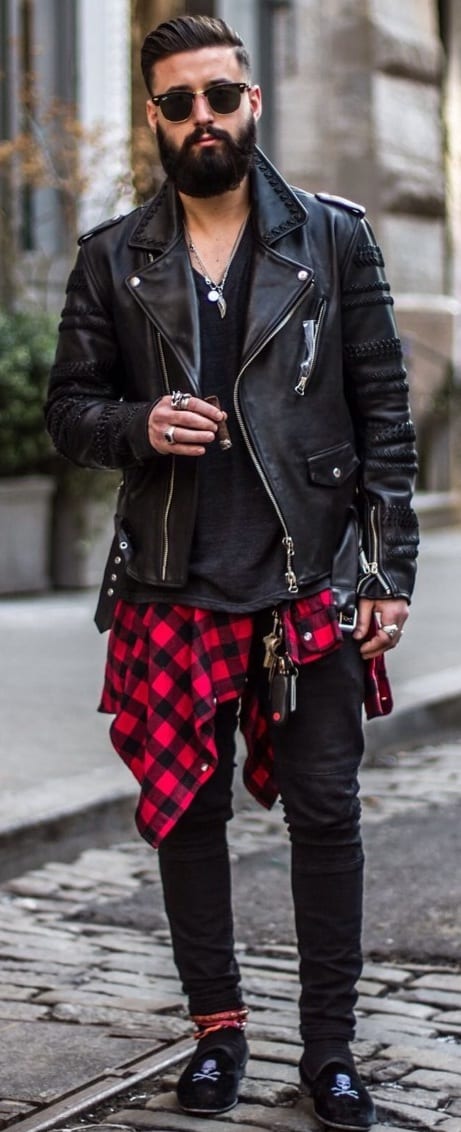 flannel shirt around the waist, leather jacket, beard