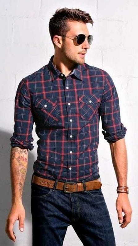 flannel shirt, denim and brown belt