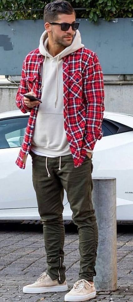 flannel shirt over hoodie, sneakers