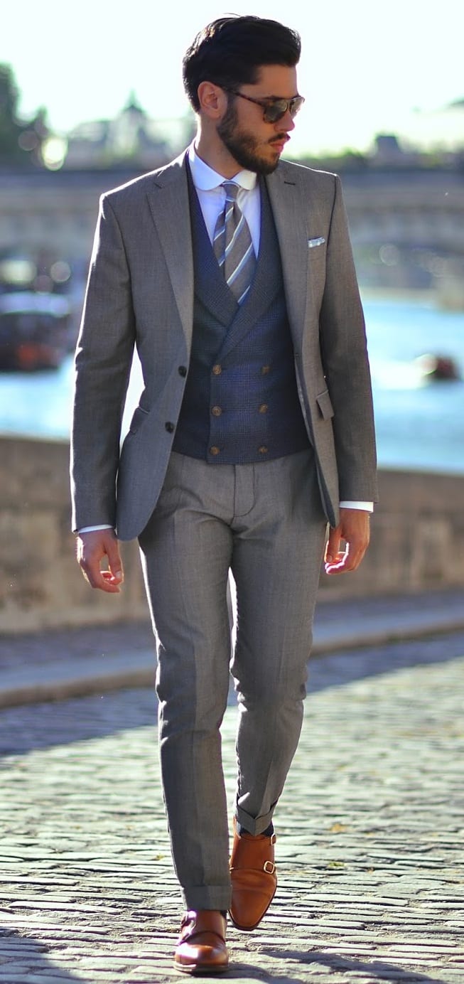 grey suit with blue double breasted waistcoat