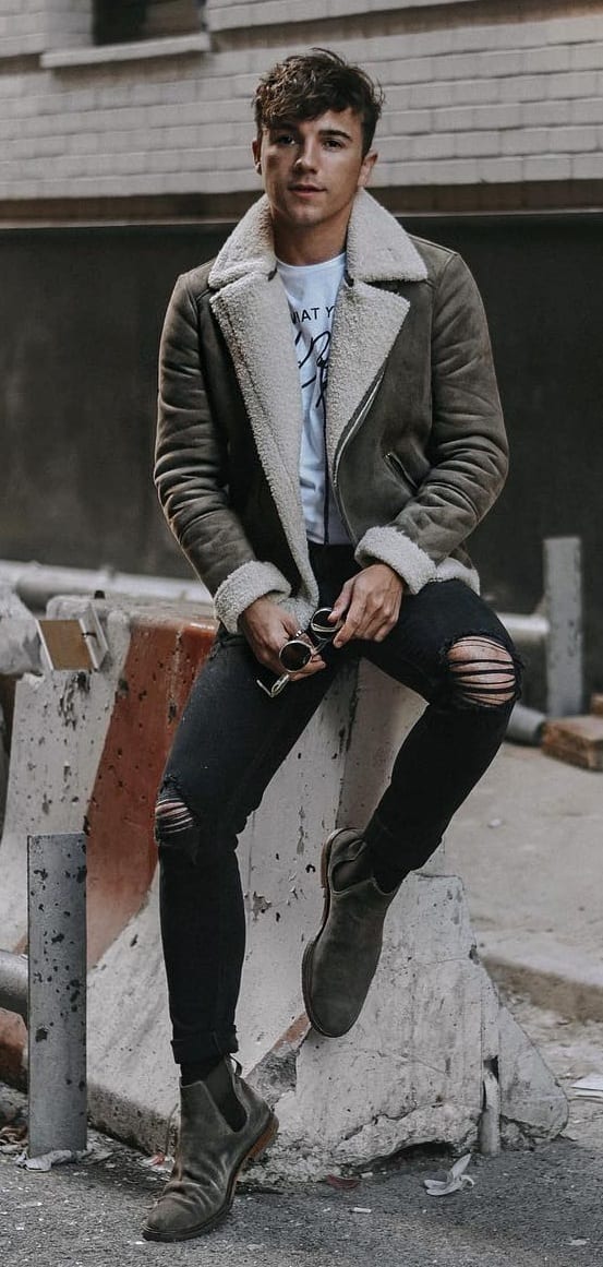 leather jacket with ripped black denim