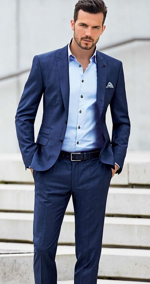 navy blue suit, blue shirt