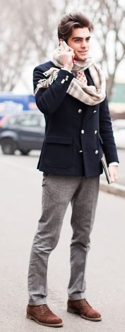navy blue pea coat and scarf