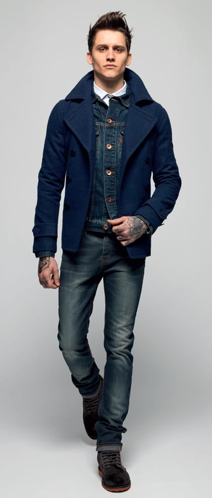 navy blue pea coat with denim