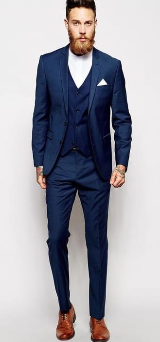 navy blue suit, white shirt, brown shoes