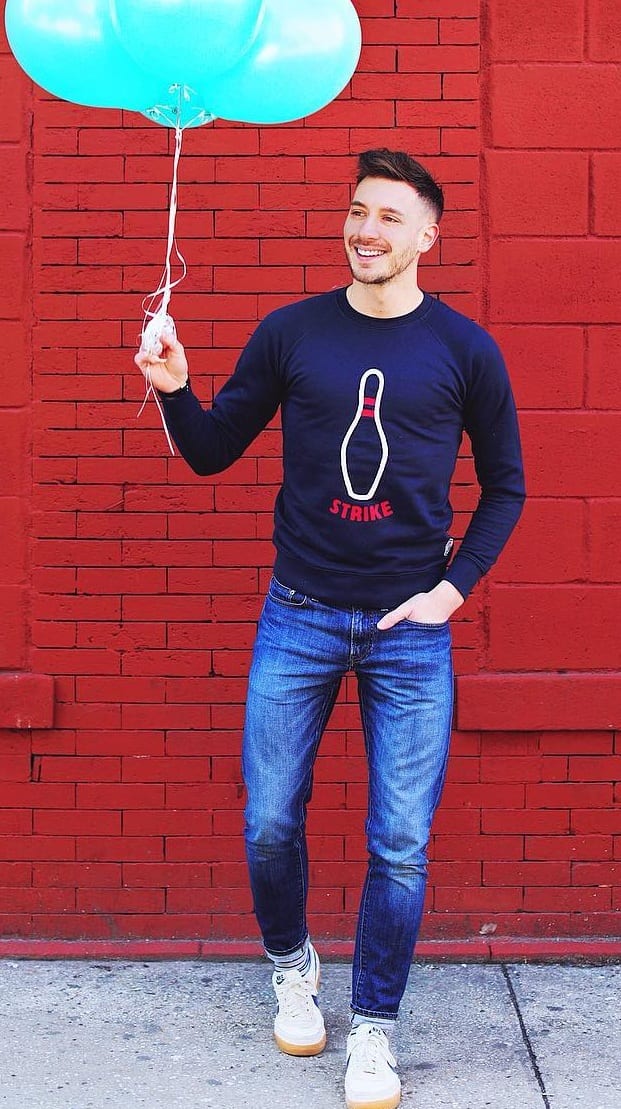 navy blue t-shirt with blue denims