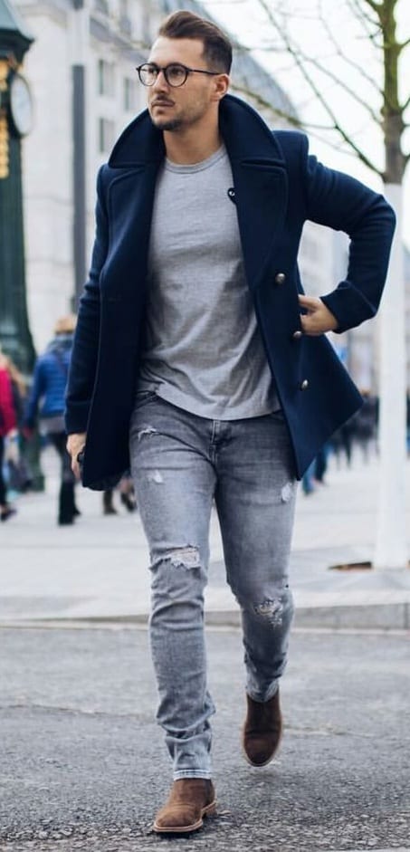 pea coat, t shirt, denim