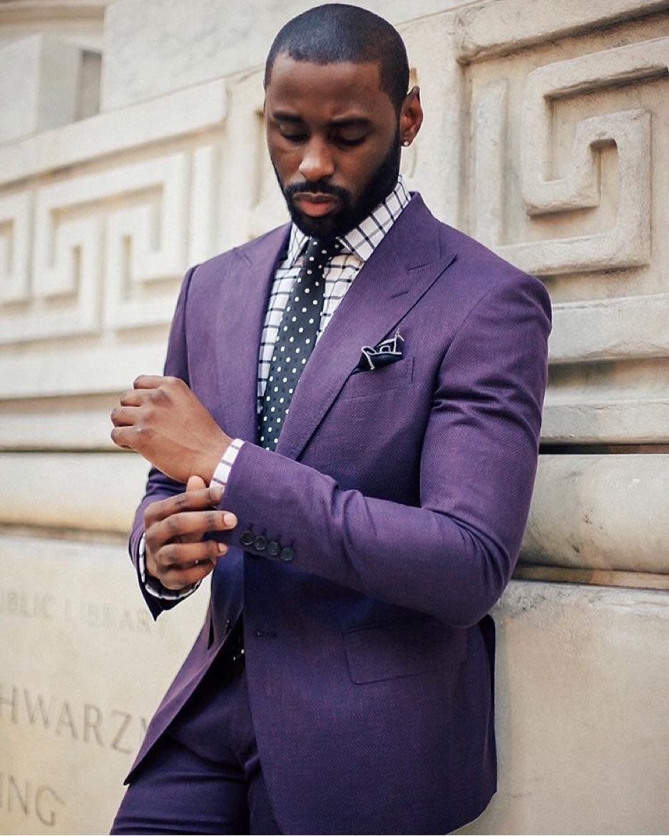 purple outfit-dark skin tone men style guide
